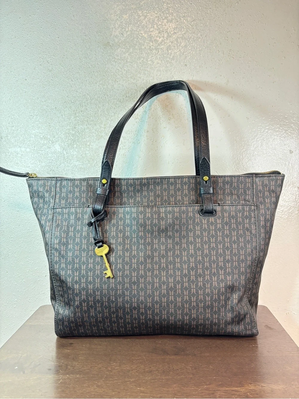 Fossil Dark Brown Monogram Canvas Tote with Black Handles